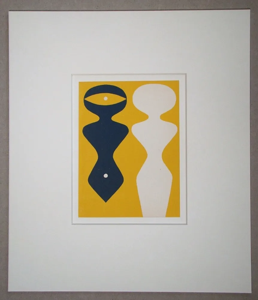 Xilogravura Arp - Deux figures sur fond jaune