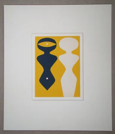 Xilogravura Arp - Deux figures sur fond jaune