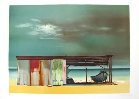 Litografia Battut - Baraque sur la plage