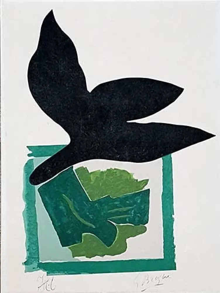 Xilogravura Braque - Oiseau noir sur fond vert