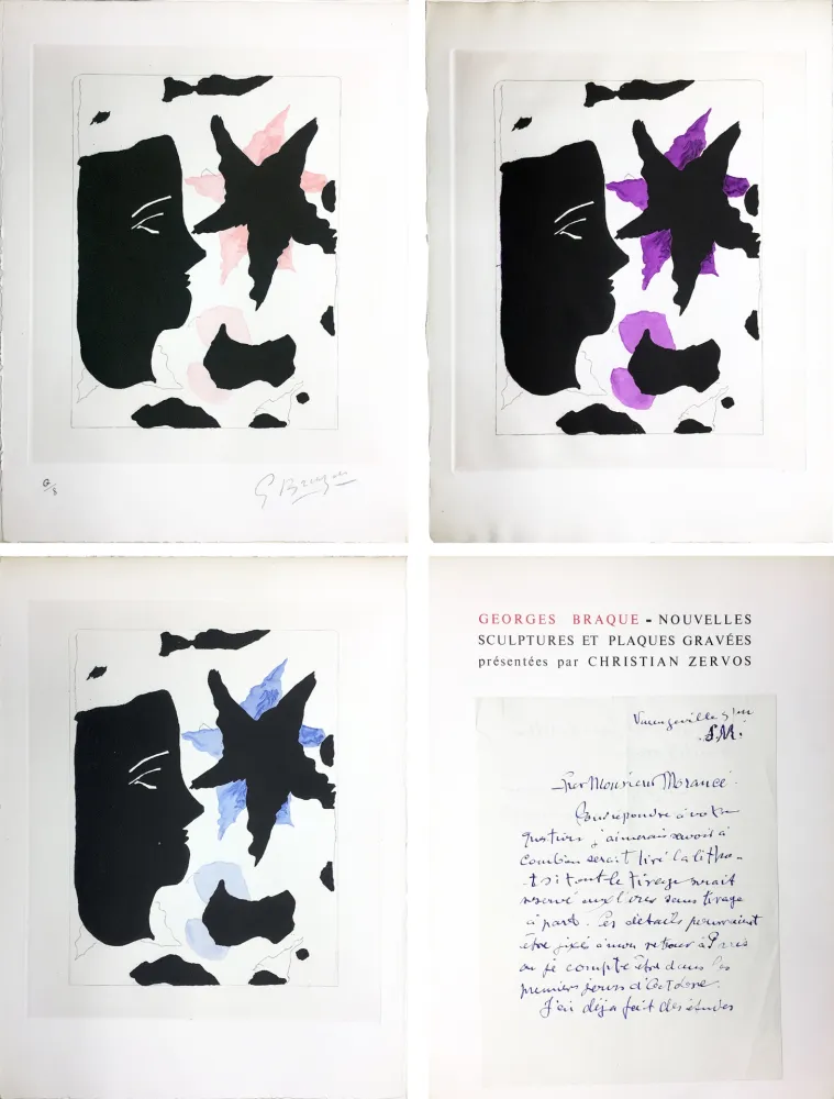 Livro Ilustrado Braque - Zervos : BRAQUE. Nouvelles sculptures et plaques gravées. L'exemplaire de l'éditeur avec 3 GRAVURES (1960).