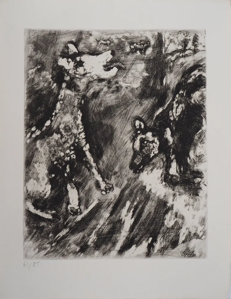 Gravura Chagall - Deux chiens au jardin (La lice et sa compagne)