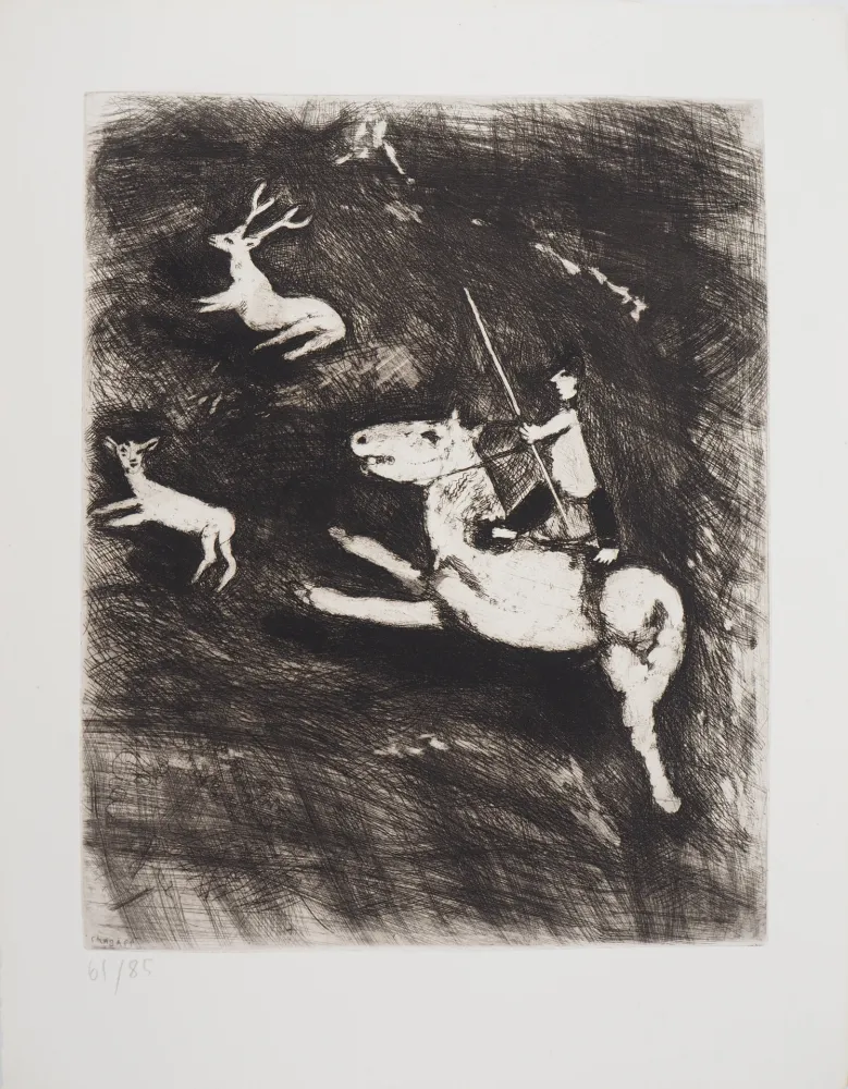 Gravura Chagall - La chevauchée (Le cheval s'étant voulu venger du cerf)