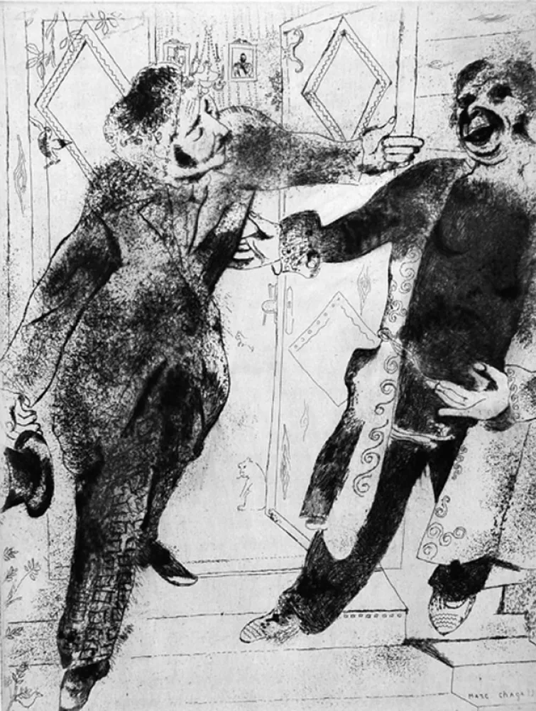 Água-Forte Chagall - Manilov et Tchitchikov sur le seuil de la porte