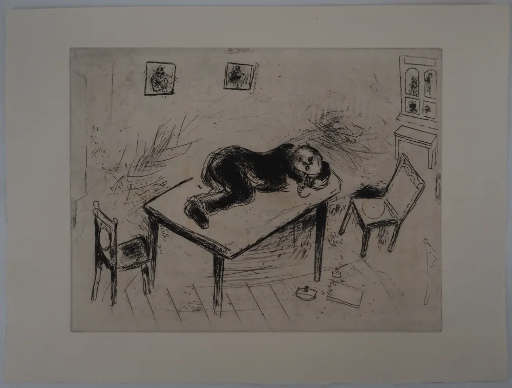 Gravura Chagall - Une sieste spartiate, (Tchitchikov couchait au bureau)