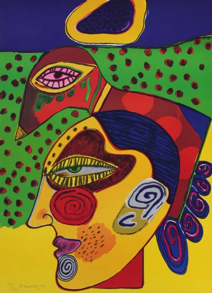 Litografia Corneille - Tête de femme et oiseau pensif