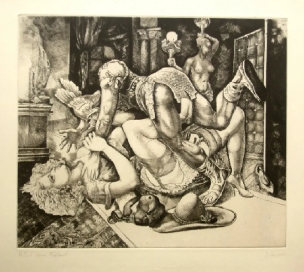 Água-Forte Courmes - Dame journaliste bousculée par un personnage comique