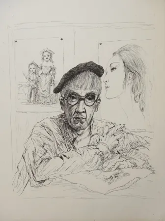 Gravura Foujita - Autoportrait au béret avec sa femme Kimiyo