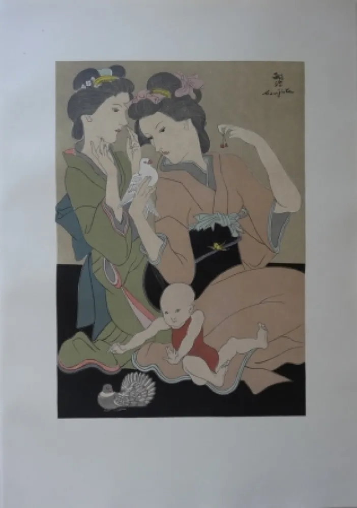 Xilogravura Foujita - Geishas à la colombe