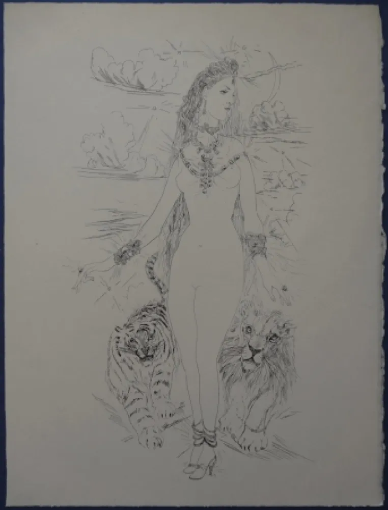 Água-Forte Foujita - Rivière enchantée - Femme aux félins