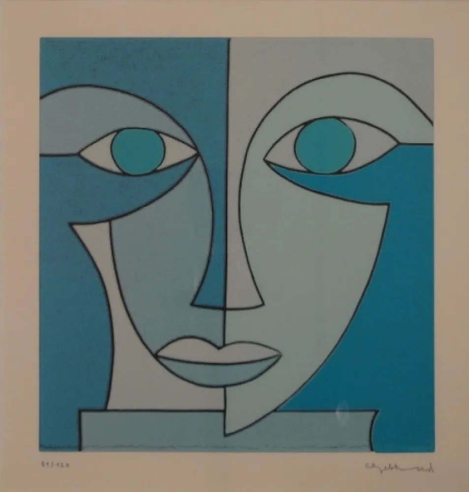 Linogravura Gebhard - Blauer Kopf