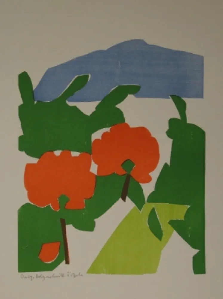 Xilogravura Gehr - Zwei rote Bäume in Landschaft