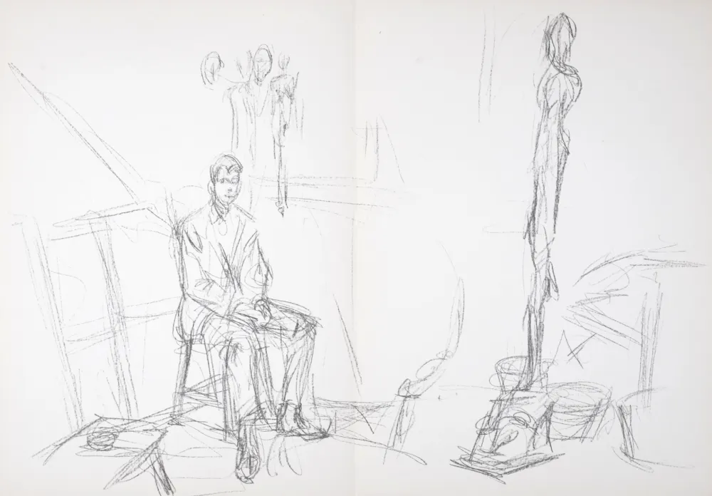 Litografia Giacometti - Homme assis et sculptures, 1961