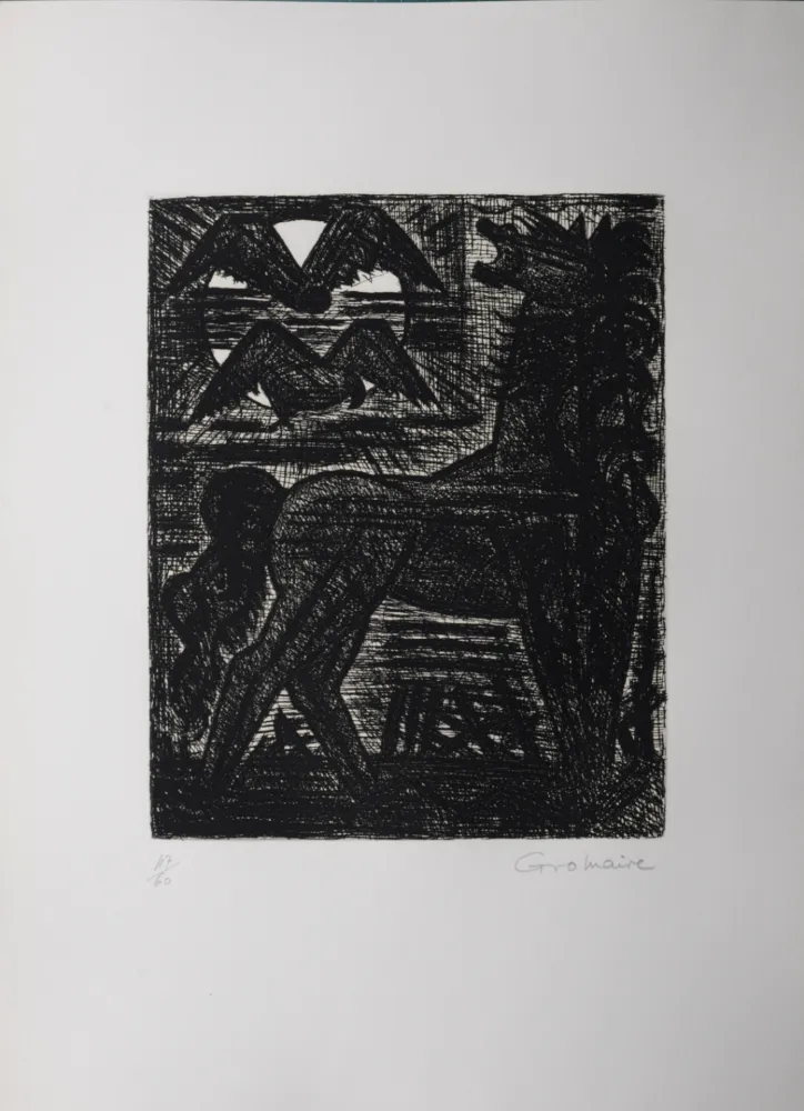 Água-Forte Gromaire - Présages, cheval noir et oiseaux de nuit, 1958