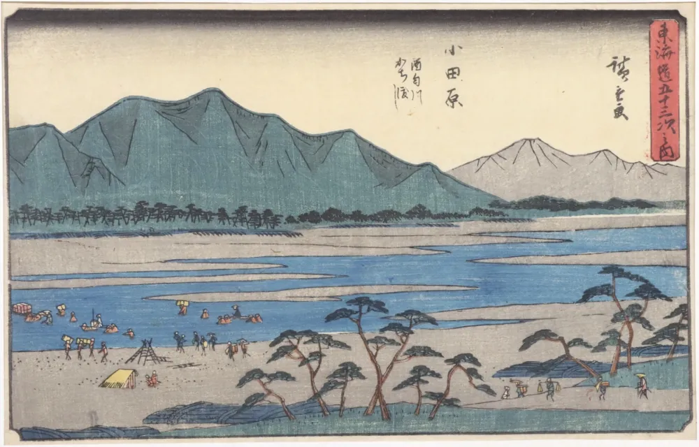 Xilogravura Hiroshige - Odawara : le traversée de la rivière Sakawa