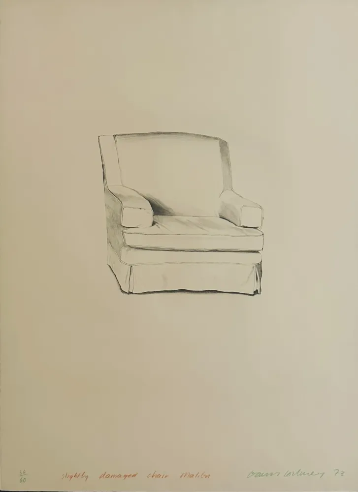 Litografia Hockney - Slightly damaged chair, Malibu