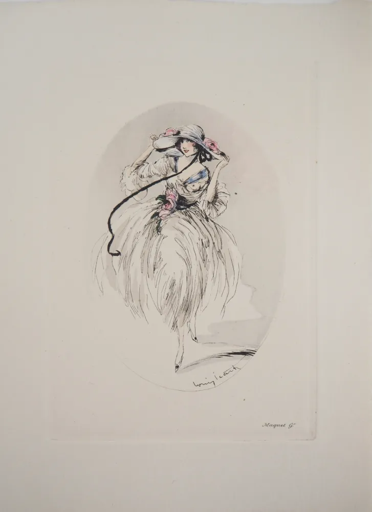 Gravura Icart - Jeune femme au chapeau paré de roses