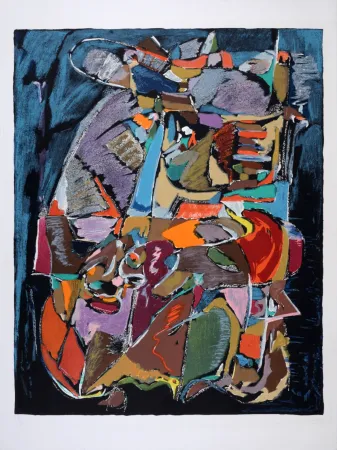 Litografia Lanskoy - Abstract composition on Blue - Hand-signed & numbered