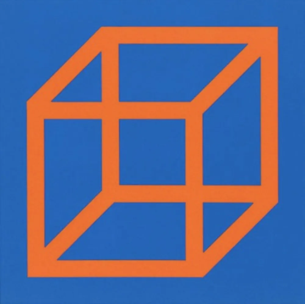 Linogravura Lewitt - Cubes in Color on Color (Blue/Orange)