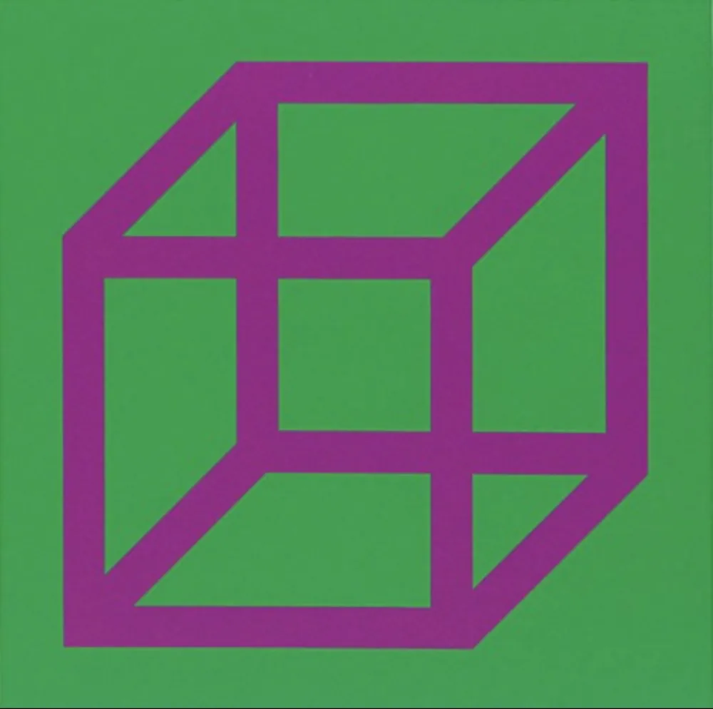Linogravura Lewitt - Cubes in Color on Color (Green/Purple)