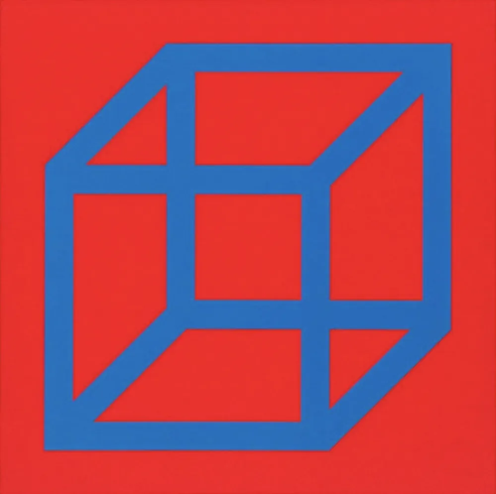 Linogravura Lewitt - Cubes in Color on Color (Red/Blue)