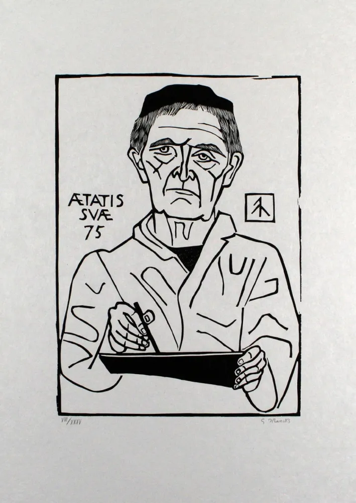 Linogravura Marcks - Selbstbildnis von vorn (Halbfigur)