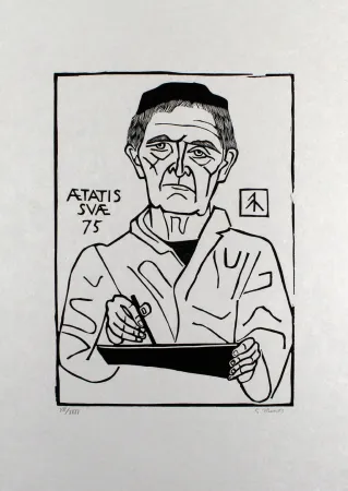 Linogravura Marcks - Selbstbildnis von vorn (Halbfigur)