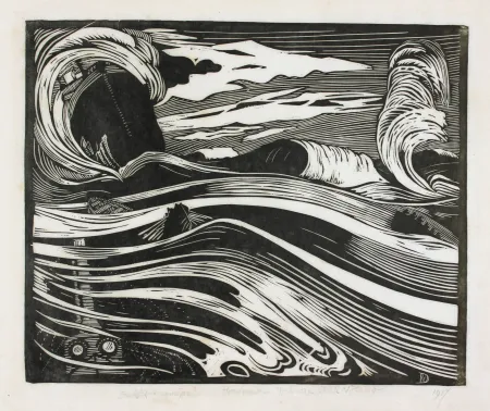 Xilogravura Nijland - Duikboot en mijn (Submarine and Mine)