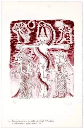 Litografia Nørgaard - A. Demain tu seras avec moi au Paradis, Joseph et Parciphal, le christ nordique, apporte-moi de l'eau