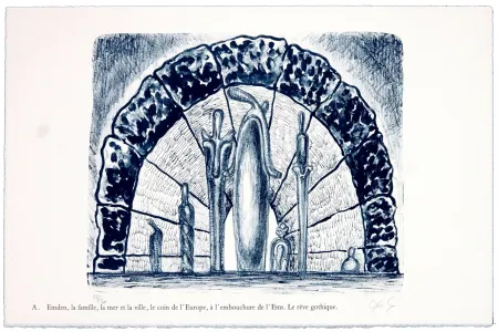 Litografia Nørgaard - A. Emden, la famille, la mer et la ville, le coin de l'Europe, l'embouchure de l'Ems. Le rêve gothique