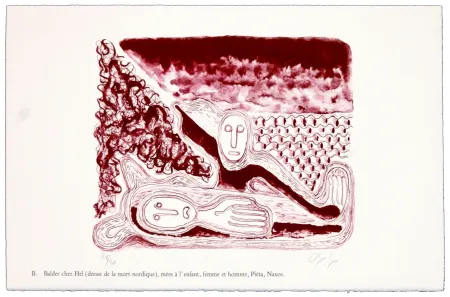 Litografia Nørgaard - B. Balder chez Hel (déesse de la mort nordique), mère de l'enfant, femme et homme, Piéta, Naxos