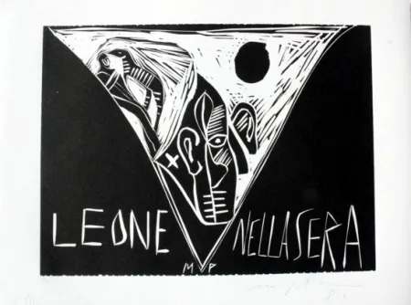 Linogravura Paladino - Terra tonda africana 1 - Leone nella sera