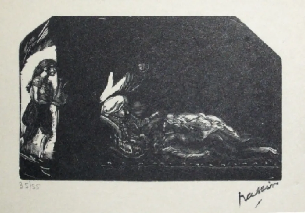 Xilogravura Pascin - Fille avec fleur et scene de Harem