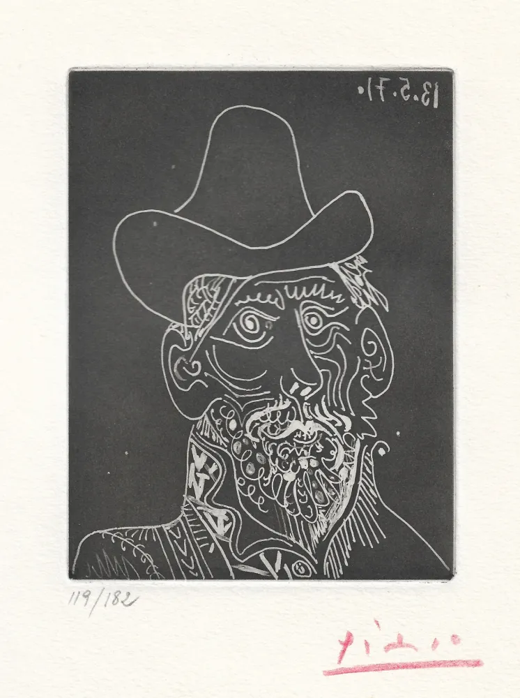 Água-Tinta Picasso -  Buste d'homme barbu au chapeau 