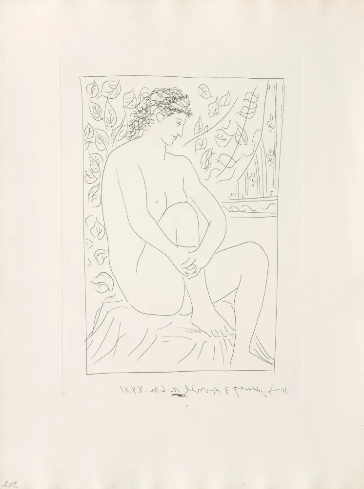 Gravura Picasso - Femme nue assise devant un rideau