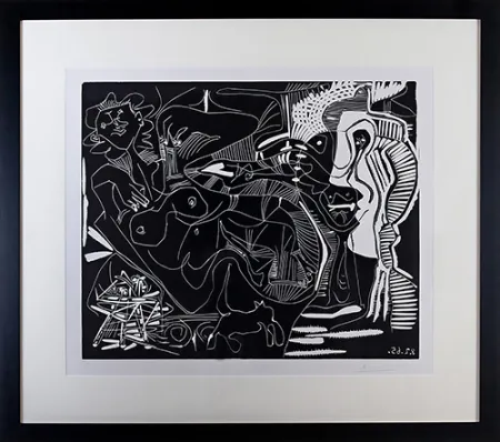 Linogravura Picasso - Le Thé: Deux Femmes Nues et une Chat (B. 1851)