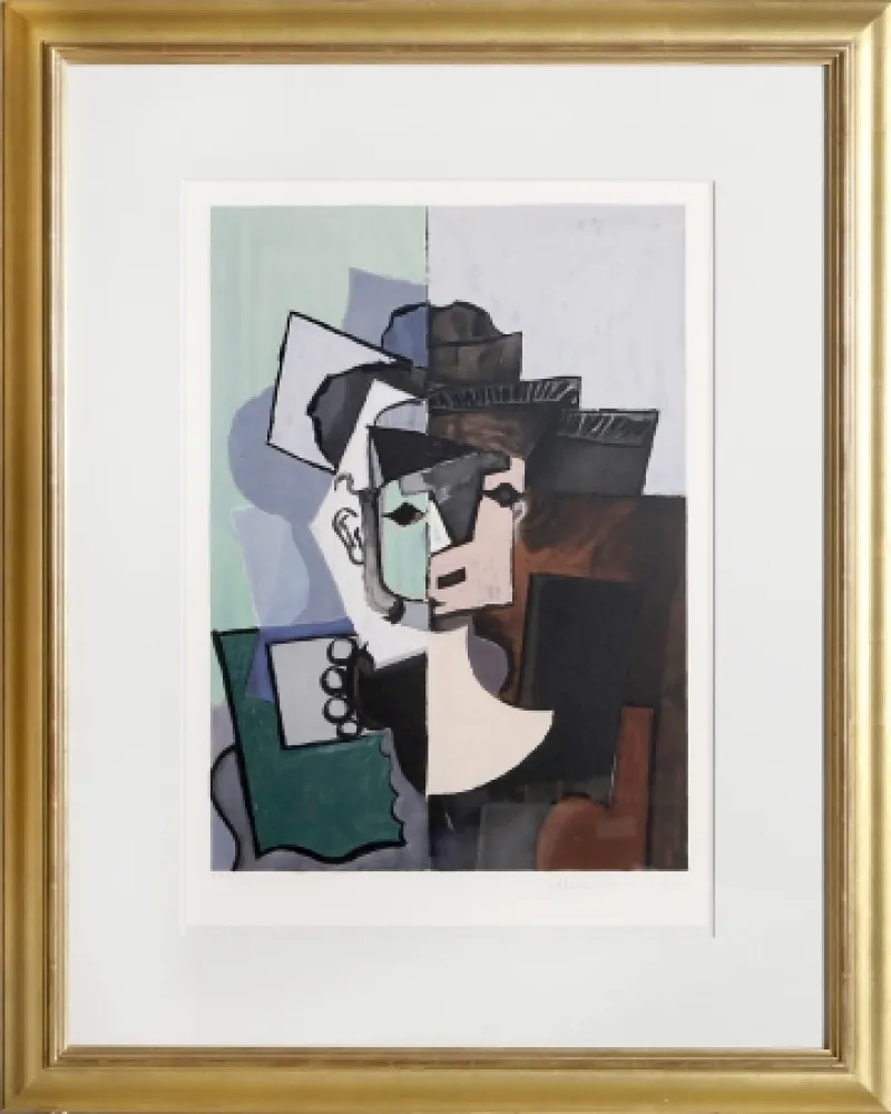 Litografia Picasso - Portrait de Face sur Fond Rose et Vert