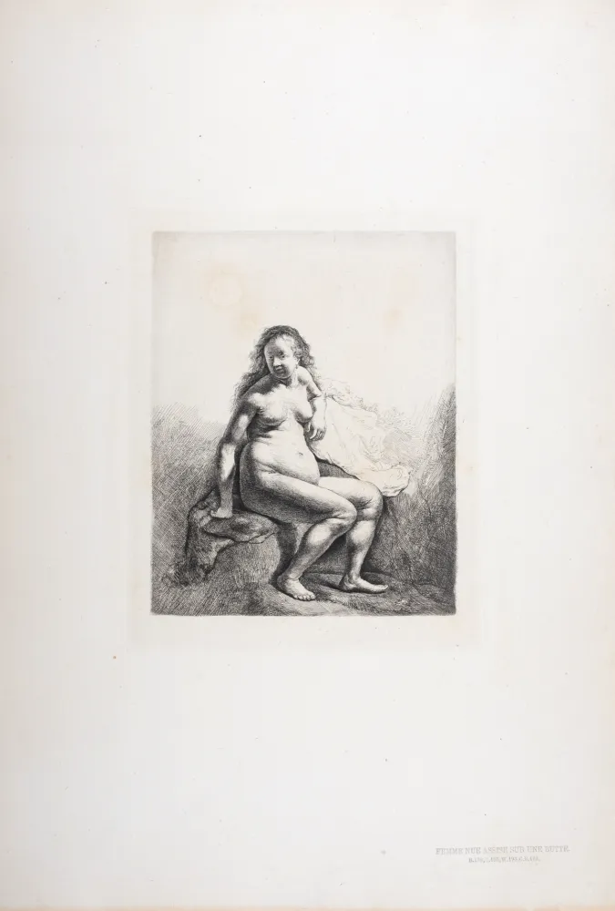 Heliogravura Rembrandt - Femme nue assise sur une butte