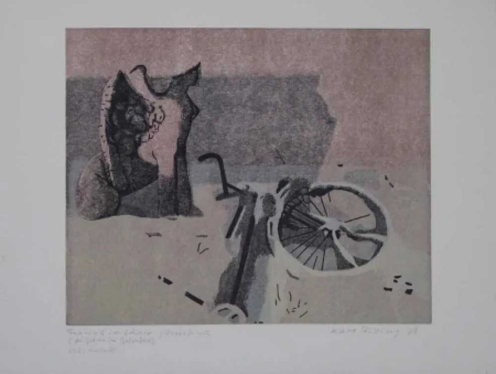 Linogravura Rössing - Fahrrad im Schnee (Der Sphinx im Belvedere)