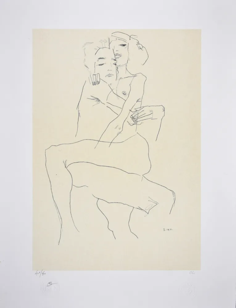 Litografia Schiele - Couple enlacé / couple embracing - 1911