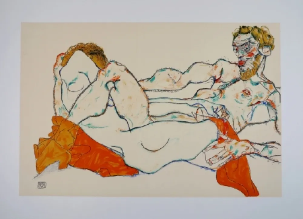 Litografia Schiele - LE DRAP ROUGE / THE RED SHEET - 1913