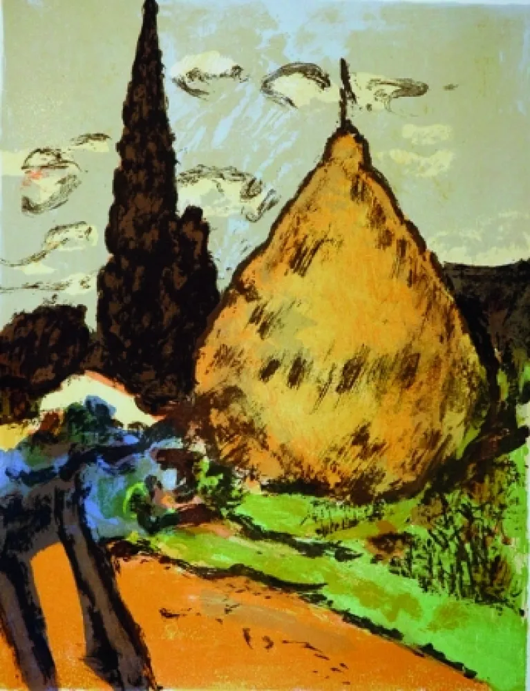 Litografia Soffici - Cipressi e pagliaio