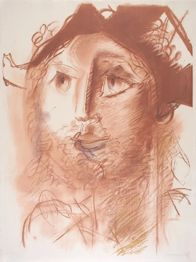 Litografia Somville - Tête d'Arlequin - SEPIA