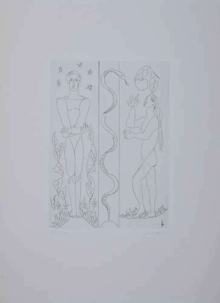 Gravura Survage - Jardin d'Eden : Adam et Eve, vers 1930 - Hand-signed