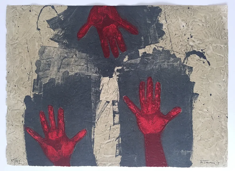 Gravura Tamayo - Manos Sobre Fondo Azul