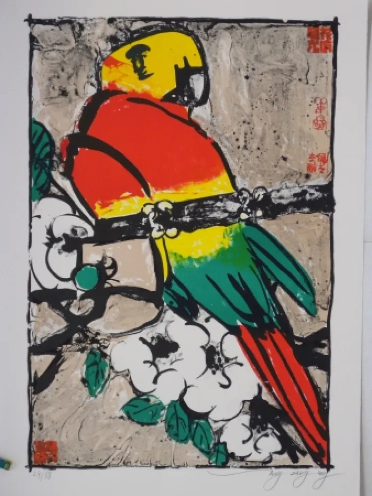 Litografia Tongzhengang - Perroquet fond beige