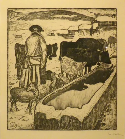 Água-Forte E Água-Tinta Vallet - Le troupeau à l'abreuvoir / Die Herde an der Tränke