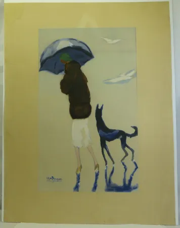 Estêncil Van Dongen - Femme au chien marchant sur la plage.