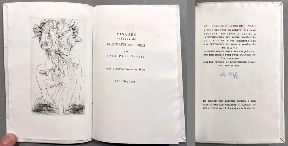 Livro Ilustrado Wols - Sartre. VISAGES. 4 pointes-sèches de Wols. 1 des 15 ex. sur Chine (1948)