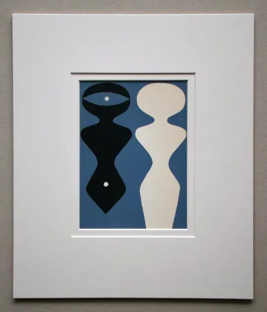 Xilogravura Arp - Deux figures sur fond bleu